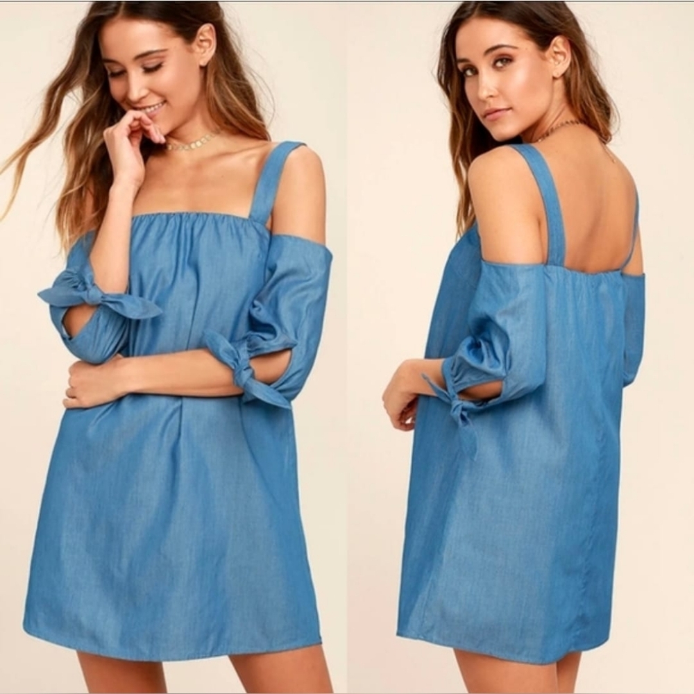 Lulus Chambray Off Shoulder Dress XS | Cold Shoulder Tie Sleeve